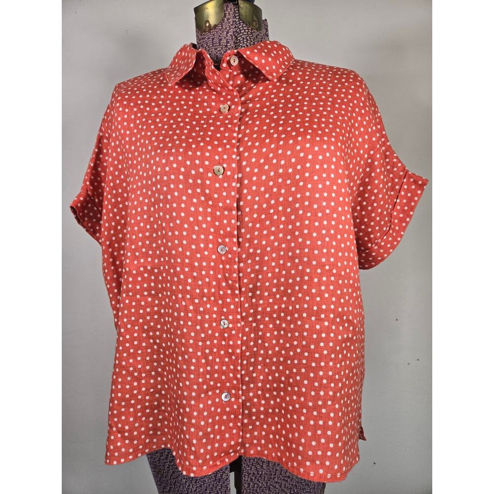 Rachel Zoe Womens Coral Polka Dot Linen Button Up High Low Hem. Size Small.ize